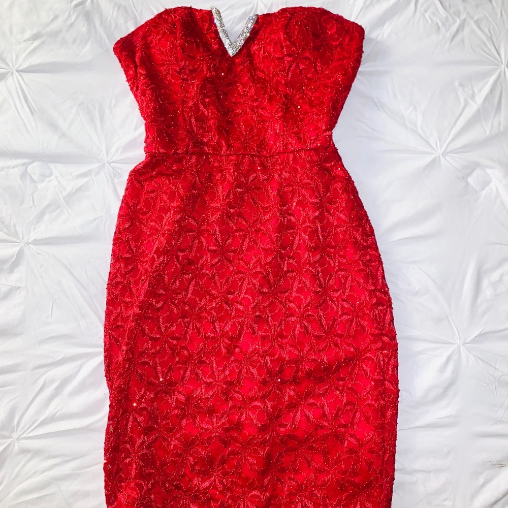 Red Sparkly Strapless Midi Dress